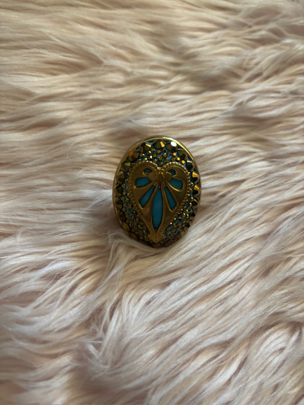 Gold Tone Blue Enamel Filigree Statement Ring